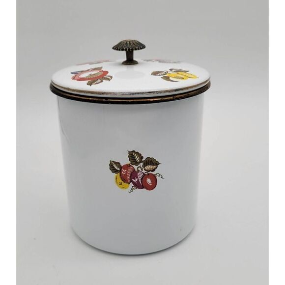 Midcentury 1960's Signed Georges Briard Fruit and Flower Enamelware Canister Coo - Picture 3 of 7